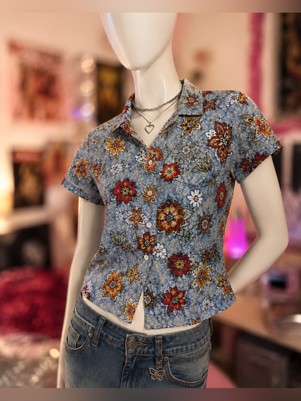 Vtg Big Flirt Floral Butterfly Button Front Shirt Cottagecore Y2K Large 90s Boho
